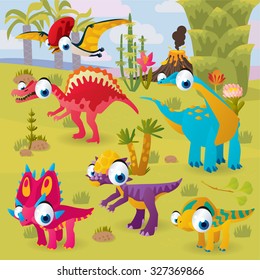 prehistoric funny cute cartoon scenery: dinosaurs in wild nature background