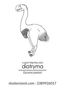 A prehistoric giant flightless bird, Diatryma, from the Eocene period. Diatryma is classified under the genus Gastornis. Black and white line art, perfect for coloring and educational purposes. 