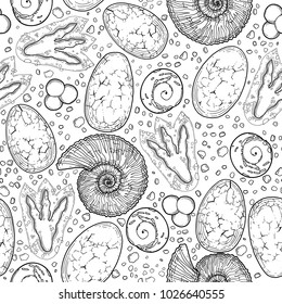 Prehistoric graphic collection of dinosaur body parts, fossils and plants. Vector seamless pattern drawn in engraving technique. Coloring book page design.