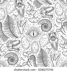 Prehistoric graphic collection of dinosaur body parts, fossils and plants. Vector seamless pattern drawn in engraving technique. Coloring book page design.