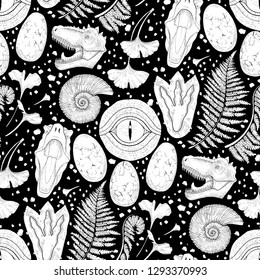 Prehistoric graphic collection of dinosaur body parts, fossils and plants. Vector seamless pattern drawn in engraving technique. Coloring book page design.