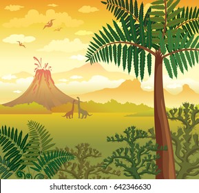 Prehistoric green plants, silhouette of dinosaurs and volcano with lava on a cloudy yellow sky. Vector landscape with extinct animals - diplodocus and pterodactyl. 