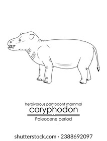 Prehistoric herbivorous pantodont mammal Coryphodon, a Paleocene period creature. Paleocene period followed after the extinction of the dinosaurs. Perfect for coloring and educational purposes.