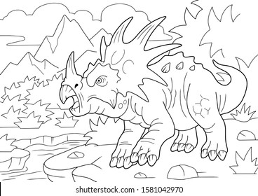 prehistoric horned dinosaur styracosaurus, coloring book, funny illustration