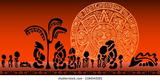 Prehistoric humanoids and their animals against the backdrop of the Mayan calendar