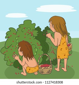 prehistoric humans picking berries,  vector cartoon illustration of stone age gatherers
