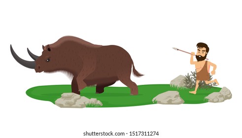 Prehistoric hunter chasing a woolly rhino with a spear. Isolated on a white background.