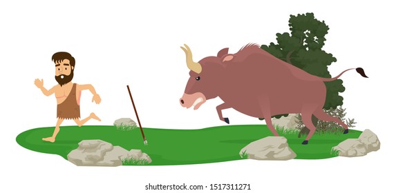 The prehistoric hunter runs away from the bison in fear. Isolated on a white background.