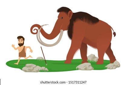 The prehistoric hunter runs away from the mammoth in a fright. Isolated on a white background. svg