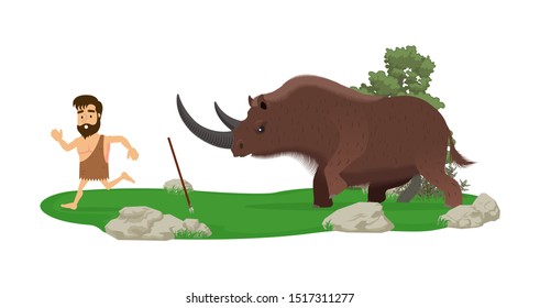 A prehistoric hunter runs away from a woolly rhino in a fright. Isolated on a white background.