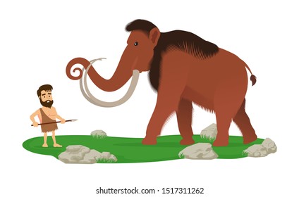 Prehistoric hunter scared of a mammoth. Vector stock illustration, flat design style. Isolated on a white background.