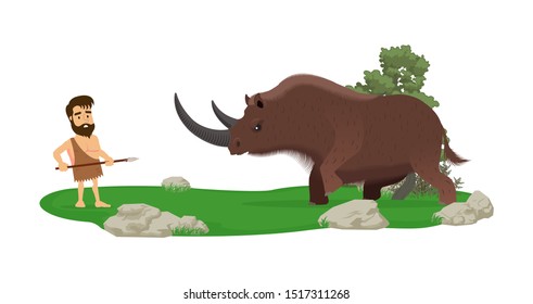 The prehistoric hunter was scared of a woolly rhino. Isolated on a white background.