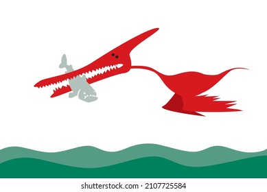 Prehistoric hunting. Flying dinosaur with its prey. Fishing. Vector image for prints, poster and illustrations.