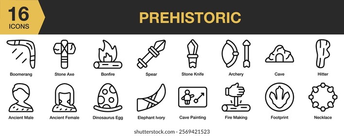 Prehistoric icon set. Includes Ancient, Caveman, Human, Man, Prehistoric, Primeval, Stone Age, and More. Outline icons vector collection.