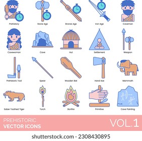 Prehistoric Icons including Agriculture, Animal Skin, Archaeologist Female, Archaeologist Male, Archaeology, Artifact, Bone, Bonfire, Boomerang, Bow and Arrow, Bronze Age, Cage, Cave Painting