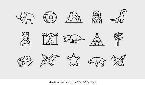 Prehistoric icons. Set of 15 prehistoric trendy minimal icons. Example: Mammoth, Stone Wheel, Caveman, Brontosaurus icon. Design signs for web page, mobile app, packaging design. Vector illustration.