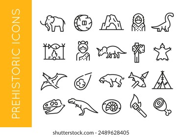 Prehistoric icons. Set of 20 prehistoric trendy minimal icons. Example: Mammoth, Stone Wheel, Caveman, Brontosaurus icon. Design signs for web page, mobile app, packaging design. Vector illustration.