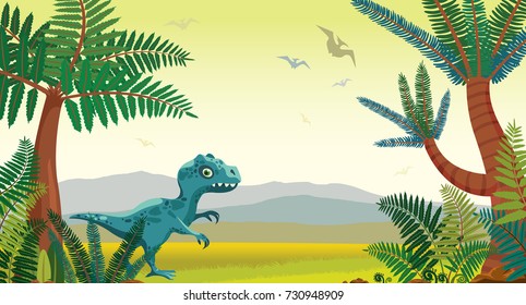 Prehistoric illustration with cartoon tyrannosaur, green ferns and trees, mountains and silhouette of pterodactyls. Vector nature landscape with dinosaurs.