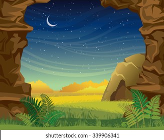 Prehistoric illustration with cave, green grass and walls of rock on a starry sky with moon. Nature night vector landscape.