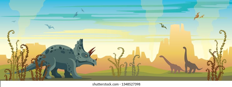 Ilustración prehistórica con animales y plantas extintas. Vector paisaje natural con triceratops, diplodocumentos y pterodáctilos. Naturaleza salvaje con dinosaurios y montañas en un cielo azul.