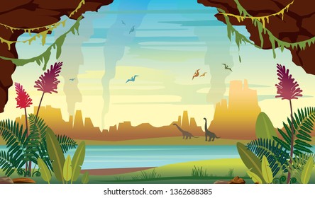 Prehistoric illustration with extinct animals and plants. Vector nature landscape with diplodocus and pterodactyls. Wild nature with ferns, lake, cave, silhouette of dinosaurus and mountains on a blue