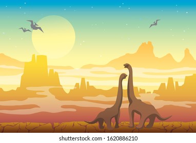 Prehistoric illustration with extinct animals. Vector nature landscape with diplodocus and pterodactyls on a yellow mountains at the night time.