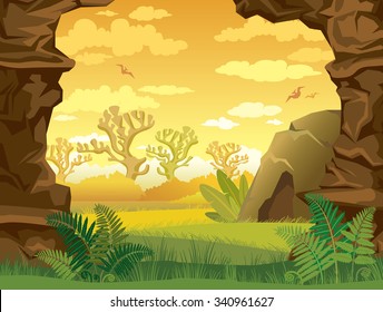 Ilustración prehistórica con hierba verde, cueva y muros de roca sobre un cielo nublado amarillo. Paisaje vectorial de la naturaleza.