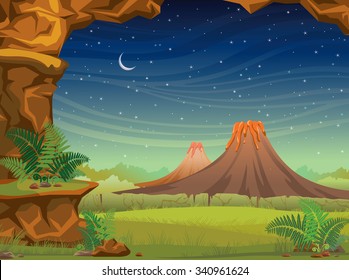 Prehistoric illustration with volcanoes, green grass and wall of rock on a starry sky with moon. Nature night vector landscape.