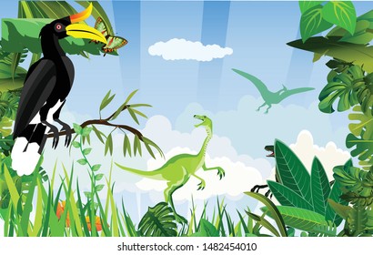 Prehistoric jungle life scene, green dinos on background, silhouettes, floral frame, nature background vector
