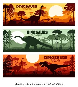 Prehistoric Jurassic dinosaur silhouettes banners with sunset landscape, vector background. Jurassic dino world or dinosaurs adventure park or museum banners with T-rex and prehistoric giant lizards