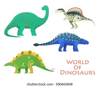 Prehistoric or jurassic dinosaurs or dino. Brachiosaurus and brachiosauridae, stegosaurus and spinosaurus, saichania or beautiful one, brontosaurus excelsus. For zoology or history theme