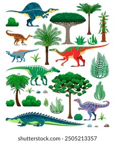 Dinosaurios prehistóricos de la era del Jurásico, árboles y plantas, personajes de dibujos animados de Vector. Divertidos lagartos de dinosaurio en la selva para niños colección de arqueología de dinosaurios de Oxalaia, Sarcosuchus y Anatotitan