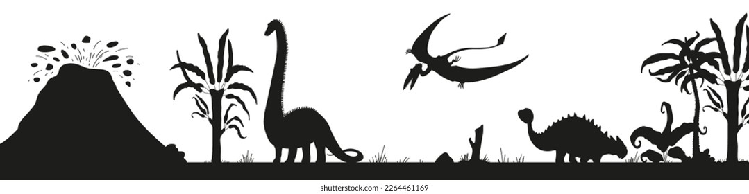 Prehistoric Jurassic and Mesozoic period backdrops set with black silhouettes of dinosaurs and plants, cartoon vector illustration isolated on white background.