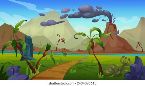 Prehistoric jurassic period landscape with volcanic eruption. Cartoon vector illustration scenery with active volcano mountain with gases smoke cloud , rocks, green palm trees, grass and plants.