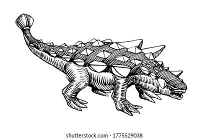prehistoric Jurassic reptile, herbivorous ankylosaurus dinosaur with a plate armor & mace on its tail, vector illustration with black ink lines isolated on a white background in a hand drawn style