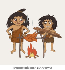 prehistoric kids cooking food, funny vector cartoon illustration of stone age life