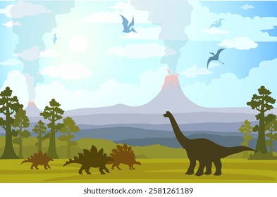 Prehistoric landscape with active volcano, ancient plants and silhouette of extinct dinosaurs. Vector nature wild  illustration on the Jurassic period. 