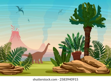 Prehistoric landscape with active volcano, ancient plants and silhouette of extinct dinosaurs. Vector nature wild illustration on the Jurassic period.
