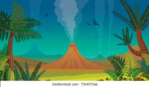 Prehistoric landscape with active volcanoes, green ferns, silhouette of pterodactyl and night blue sky. Vector nature illustration.