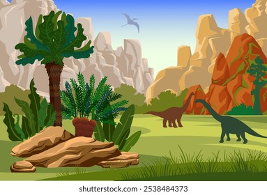 Paisaje prehistórico con plantas antiguas, montañas y silueta de dinosaurios extintos. Ilustración de naturaleza de Vector. 