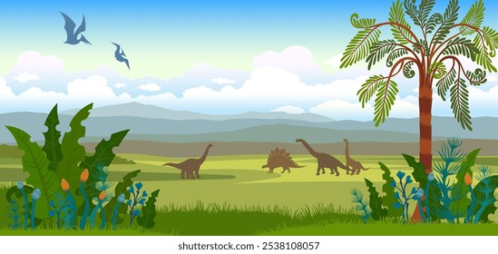 Paisaje prehistórico con plantas antiguas y silueta de dinosaurios extintos. Ilustración de naturaleza de Vector.