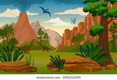 Prehistoric landscape with ancient plants, volcano and silhouette of dinosaurs. Vector illustration.