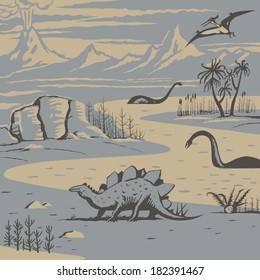 Prehistoric Landscape With Carnivorous Dinosaurs And Ancient Plants Vector Illustration