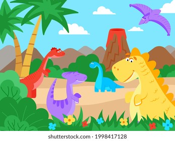 Prehistoric landscape. Cartoon dinosaur nature walk, jurassic cute monsters. Baby dino animals in jungle and active volcano decent vector scene