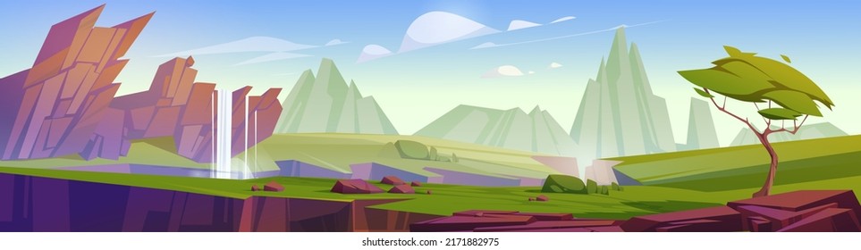 Paisaje prehistórico, caricatura con fondo panorámico con árbol verde, cascada, rocas y hierba en el acantilado de montaña bajo cielo azul con nubes esponjosas. Era Jurásica de la evolución de la Tierra Ilustración vectorial