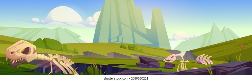 Prehistoric landscape, cartoon scenery background with dinosaur skeletons lying on green field, dino fossils on grass at mountain scenery view under blue sky, end of Jurassic era, Vector illustration