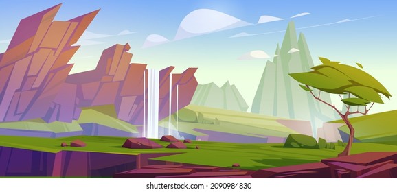 Prehistoric landscape, cartoon scenery background with green tree, waterfall, rocks and grass at mountain cliff under blue sky with fluffy clouds. Jurassic era of Earth evolution, Vector illustration