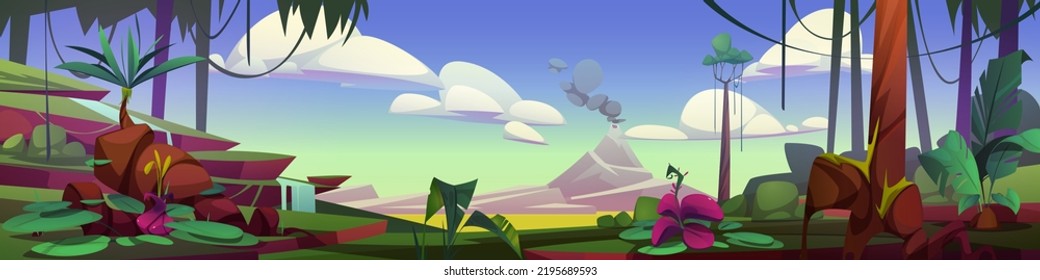 Paisaje prehistórico, caricatura de fondo tropical con volcán al vapor, palmeras, viñedos, cascada y rocas bajo el cielo azul con nubes esponjosas. Era Jurásica de la evolución de la Tierra, Vector