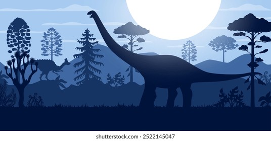 Paisaje prehistórico con siluetas de lagarto dinosaurio en bosque jurásico, fondo de Vector con puesta de sol. Siluetas prehistóricas de lagarto gigante y dinosaurio en el bosque de la selva con el sol en el cielo