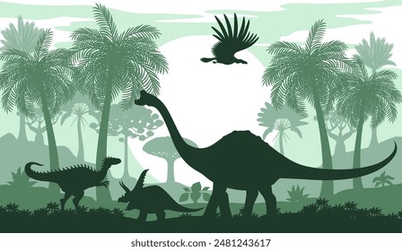 Paisaje prehistórico con siluetas de dinosaurio en selva del parque Jurásico, fondo de Vector. Dibujo animado prehistórico dinosaurio lagartos y aves en el bosque de la selva con el sol y las palmeras silueta